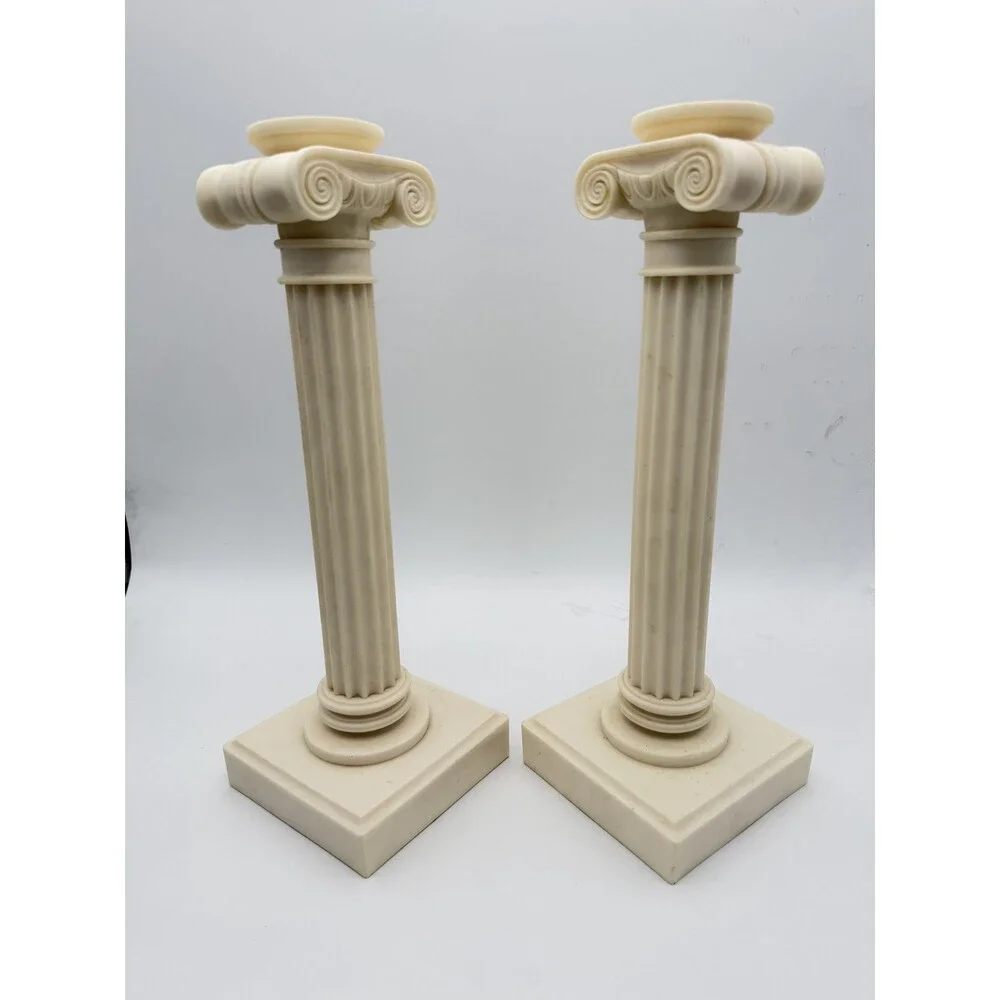 2 Alabaster Carved Roman Columns Corinthian Sculpture Candle Holders 15.5”x5”